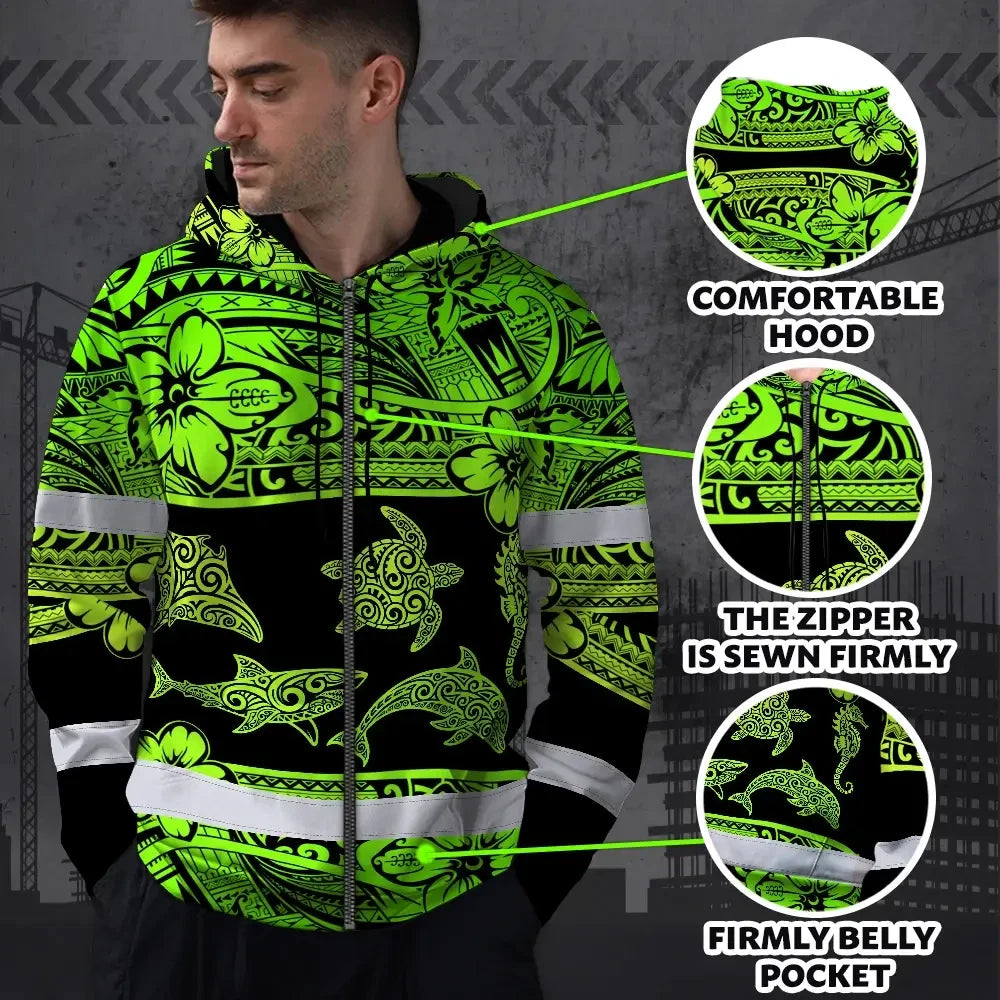 Hi Vis Zip Hoodie Reflective Tapes Green Neon Hawaiian Polynesian Tribal Custom Name Safety Workwear For Workers, Truckers, Operators