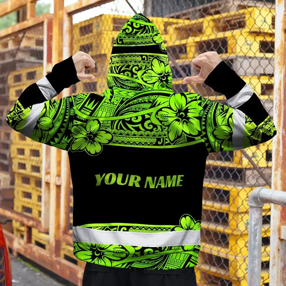 Hi Vis Zip Hoodie Reflective Tapes Green Neon Hawaiian Polynesian Tribal Custom Name Safety Workwear For Workers, Truckers, Operators