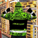 Hi Vis Zip Hoodie Reflective Tapes Green Neon Hawaiian Polynesian Tribal Custom Name Safety Workwear For Workers, Truckers, Operators