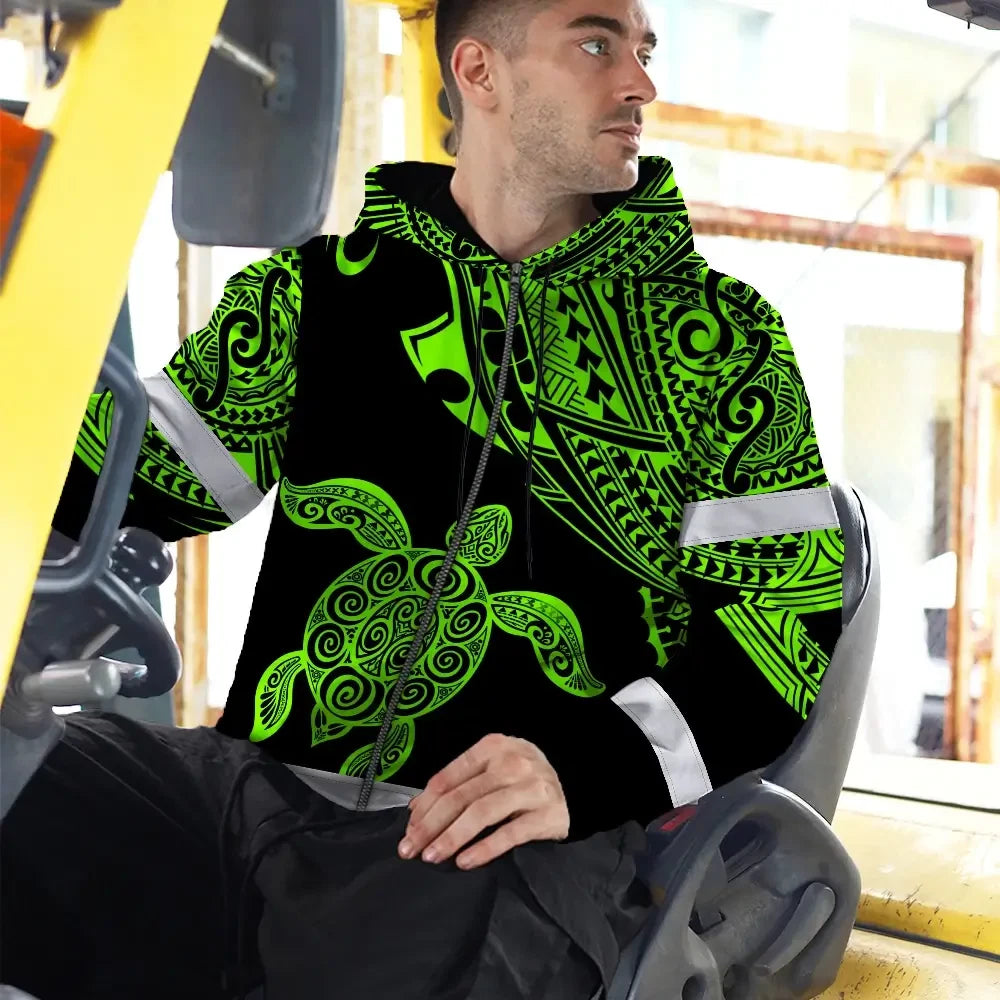 Hi Vis Zip Hoodie Reflective Tapes Green Neon Turtle Hawaii Custom Name Safety Workwear For Workers, Truckers, Operators