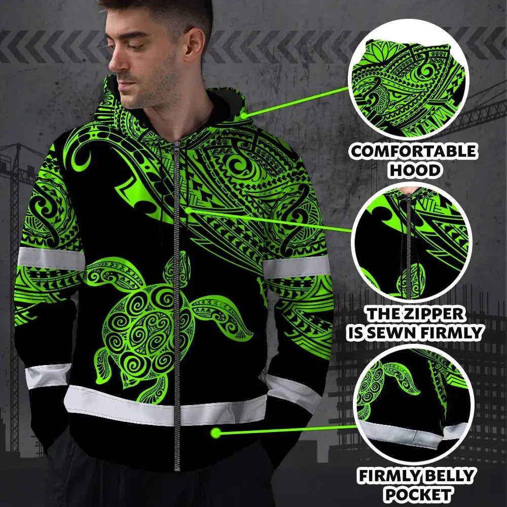 Hi Vis Zip Hoodie Reflective Tapes Green Neon Turtle Hawaii Custom Name Safety Workwear For Workers, Truckers, Operators