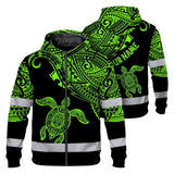 Hi Vis Zip Hoodie Reflective Tapes Green Neon Turtle Hawaii Custom Name Safety Workwear For Workers, Truckers, Operators