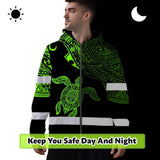 Hi Vis Zip Hoodie Reflective Tapes Green Neon Turtle Hawaii Custom Name Safety Workwear For Workers, Truckers, Operators