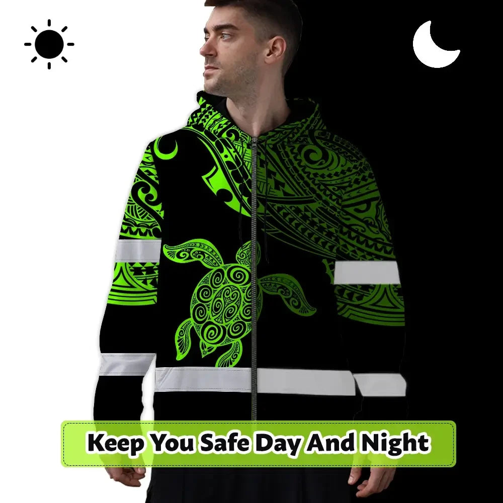 Hi Vis Zip Hoodie Reflective Tapes Green Neon Turtle Hawaii Custom Name Safety Workwear For Workers, Truckers, Operators