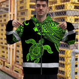 Hi Vis Zip Hoodie Reflective Tapes Green Neon Turtle Hawaii Custom Name Safety Workwear For Workers, Truckers, Operators