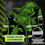 Hi Vis Zip Hoodie Reflective Tapes Green Neon Turtle Hawaii Custom Name Safety Workwear For Workers, Truckers, Operators