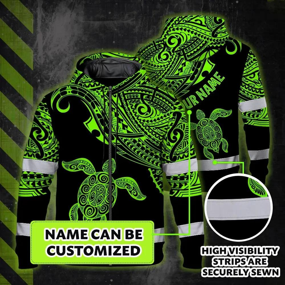 Hi Vis Zip Hoodie Reflective Tapes Green Neon Turtle Hawaii Custom Name Safety Workwear For Workers, Truckers, Operators