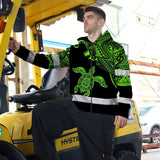 Hi Vis Zip Hoodie Reflective Tapes Green Neon Turtle Hawaii Custom Name Safety Workwear For Workers, Truckers, Operators