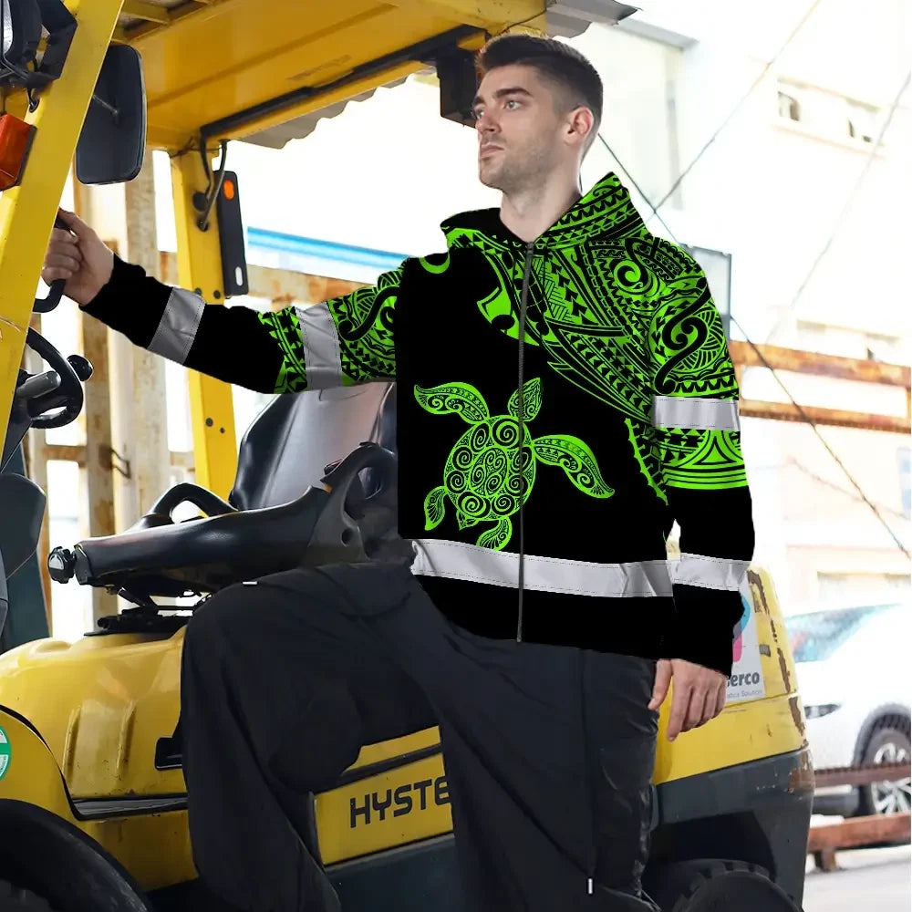 Hi Vis Zip Hoodie Reflective Tapes Green Neon Turtle Hawaii Custom Name Safety Workwear For Workers, Truckers, Operators
