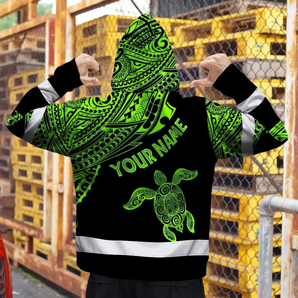Hi Vis Zip Hoodie Reflective Tapes Green Neon Turtle Hawaii Custom Name Safety Workwear For Workers, Truckers, Operators