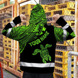 Hi Vis Zip Hoodie Reflective Tapes Green Neon Turtle Hawaii Custom Name Safety Workwear For Workers, Truckers, Operators