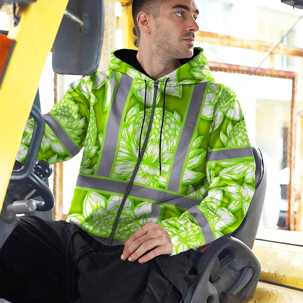 Hi Vis Zip Hoodie Reflective Tapes Green Neon White Protea Custom Name Safety Workwear For Workers, Truckers, Operators