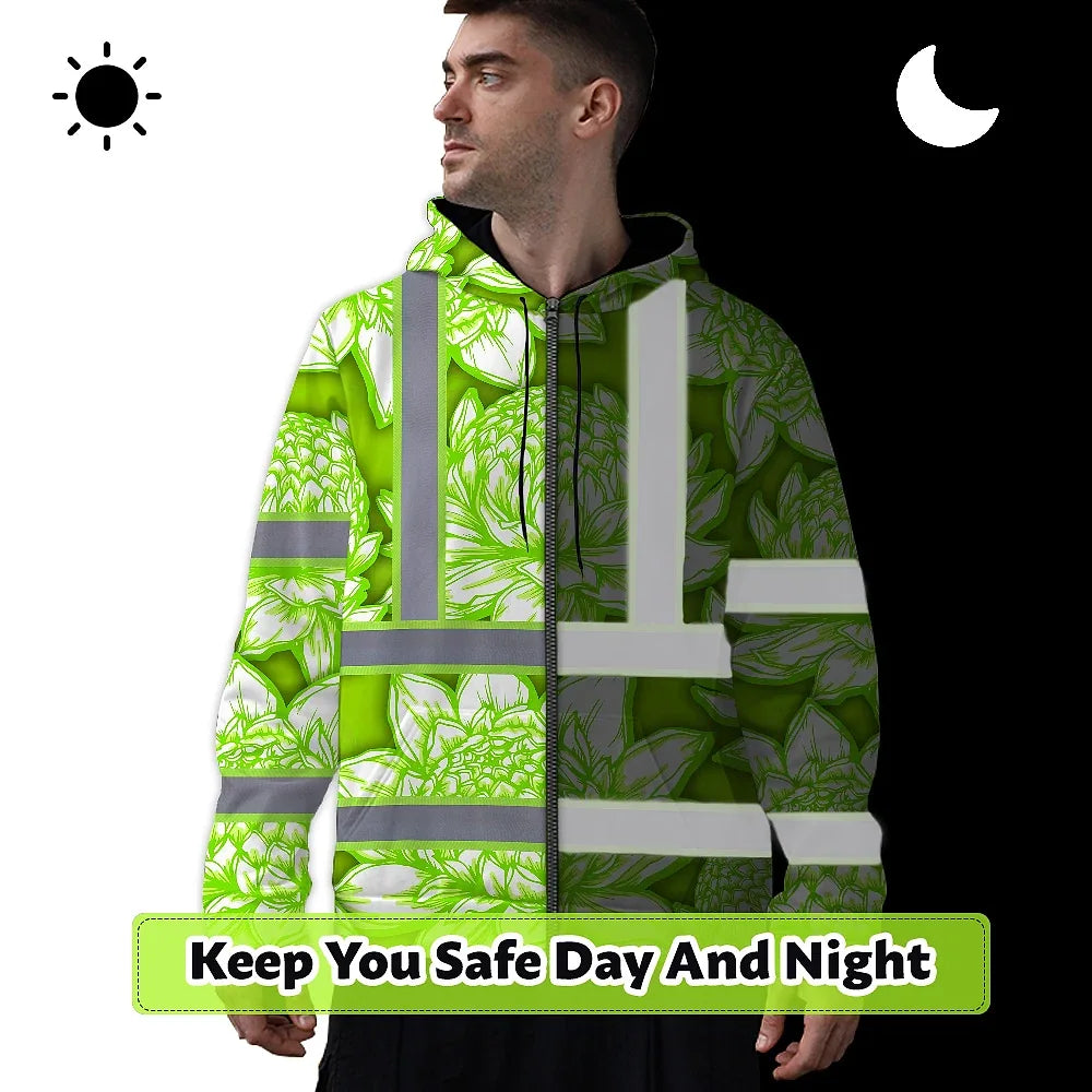 Hi Vis Zip Hoodie Reflective Tapes Green Neon White Protea Custom Name Safety Workwear For Workers, Truckers, Operators