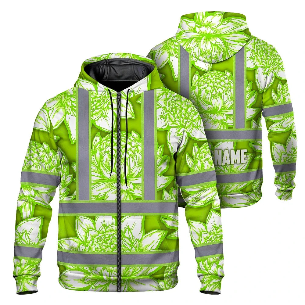 Hi Vis Zip Hoodie Reflective Tapes Green Neon White Protea Custom Name Safety Workwear For Workers, Truckers, Operators