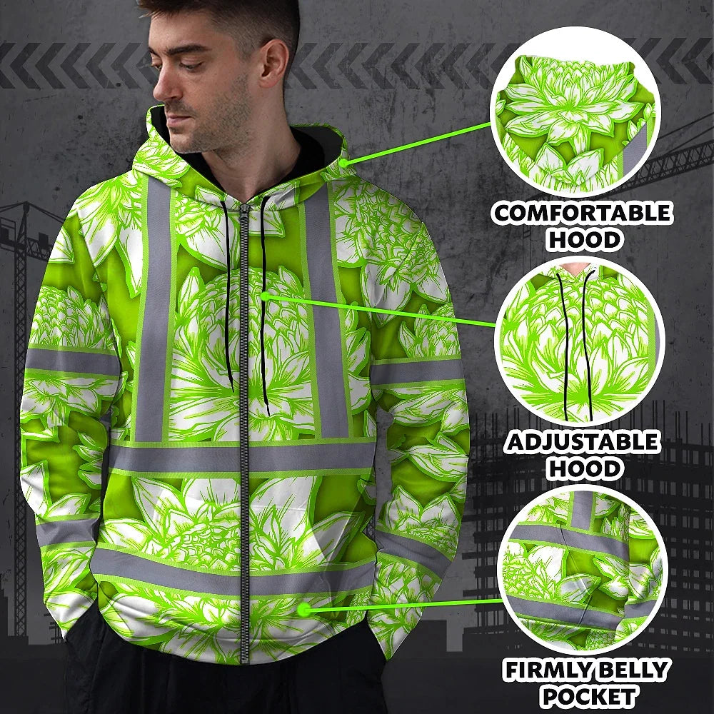 Hi Vis Zip Hoodie Reflective Tapes Green Neon White Protea Custom Name Safety Workwear For Workers, Truckers, Operators
