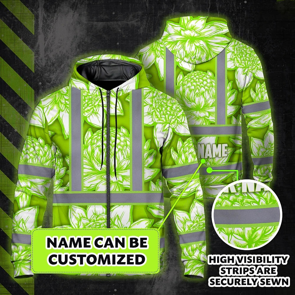 Hi Vis Zip Hoodie Reflective Tapes Green Neon White Protea Custom Name Safety Workwear For Workers, Truckers, Operators