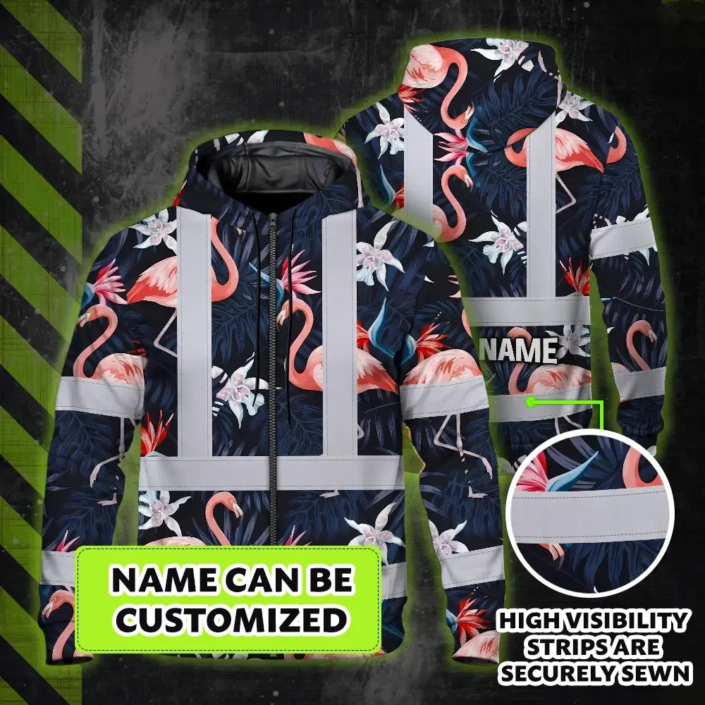 Hi Vis Zip Hoodie Reflective Tapes Hawaii Flamingo 2 Custom Name Safety Workwear For Workers, Truckers, Operators
