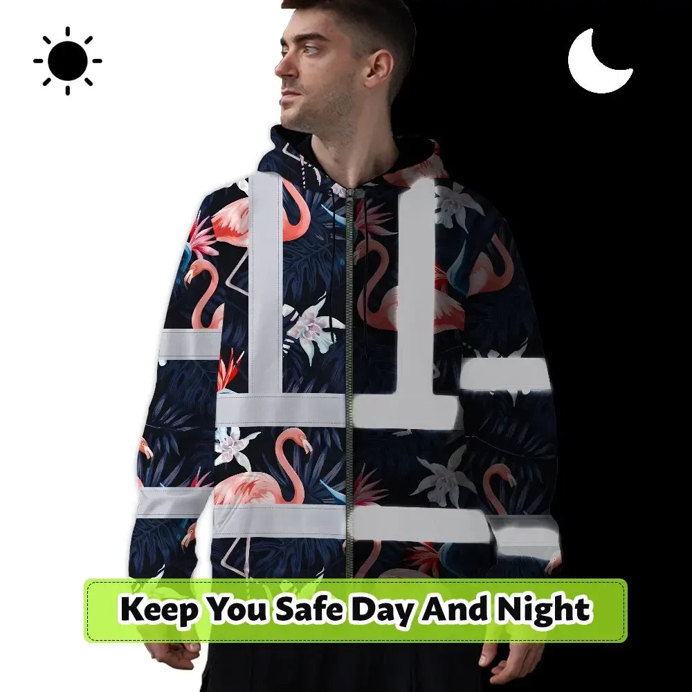 Hi Vis Zip Hoodie Reflective Tapes Hawaii Flamingo 2 Custom Name Safety Workwear For Workers, Truckers, Operators