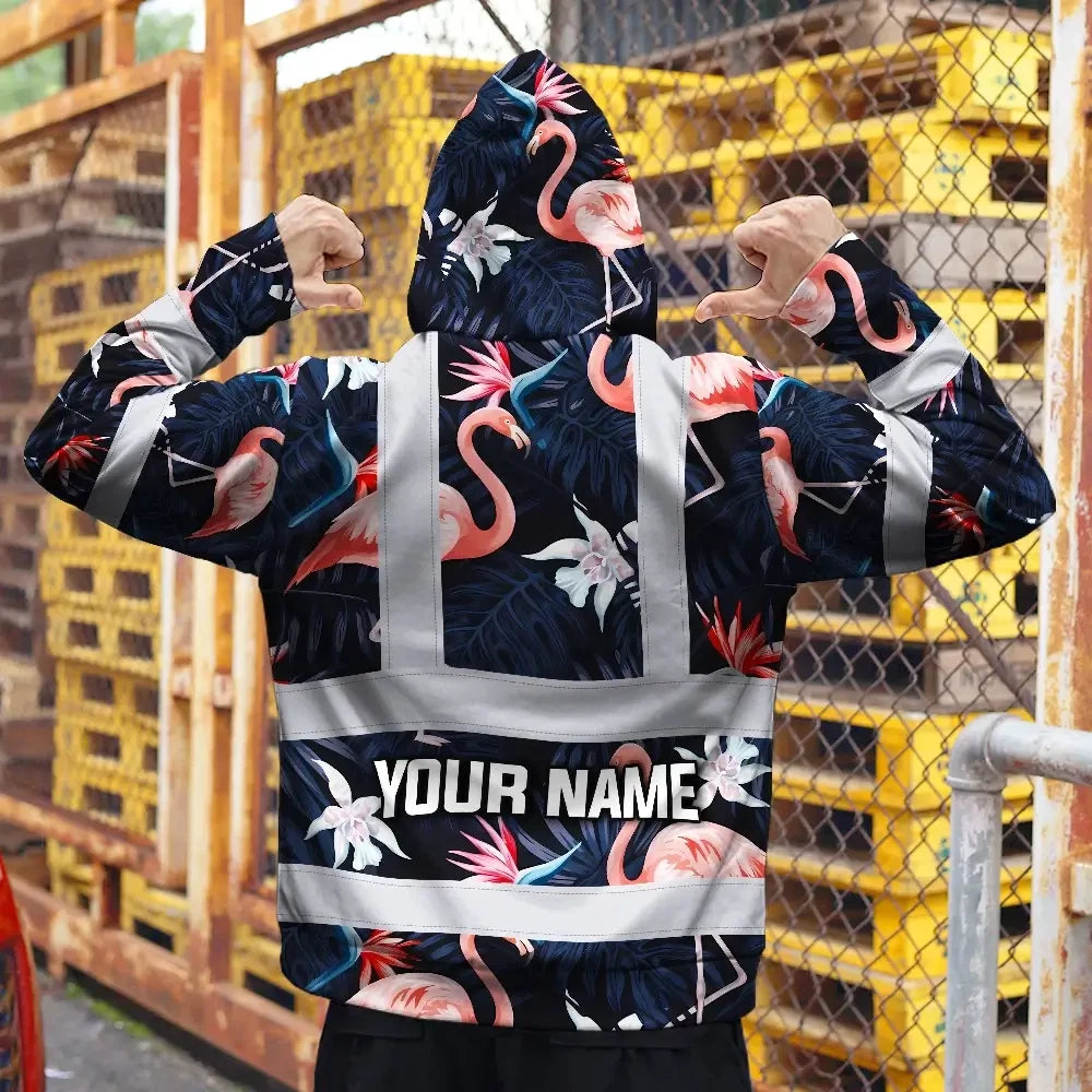 Hi Vis Zip Hoodie Reflective Tapes Hawaii Flamingo 2 Custom Name Safety Workwear For Workers, Truckers, Operators