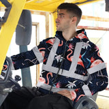 Hi Vis Zip Hoodie Reflective Tapes Hawaii Flamingo 2 Custom Name Safety Workwear For Workers, Truckers, Operators