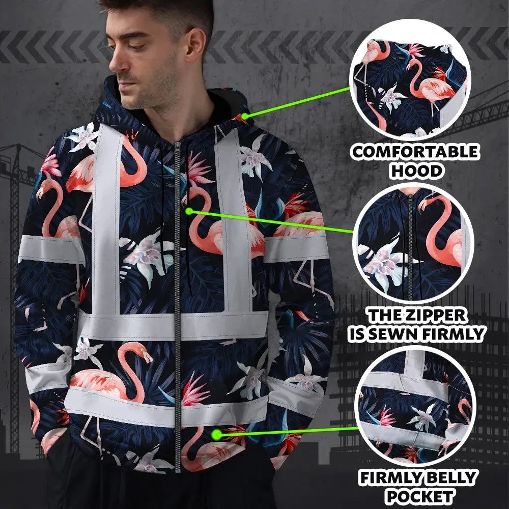 Hi Vis Zip Hoodie Reflective Tapes Hawaii Flamingo 2 Custom Name Safety Workwear For Workers, Truckers, Operators