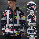 Hi Vis Zip Hoodie Reflective Tapes Hawaii Flamingo 2 Custom Name Safety Workwear For Workers, Truckers, Operators