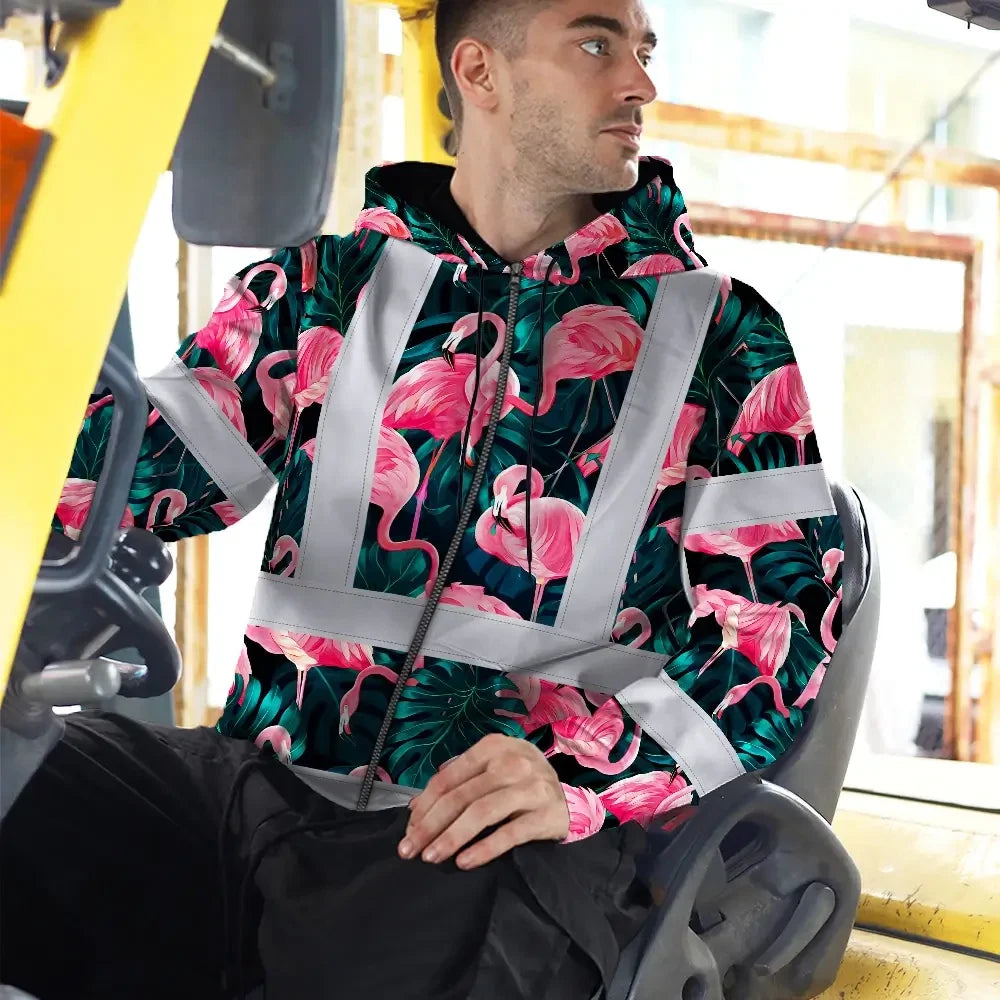 Hi Vis Zip Hoodie Reflective Tapes Hawaii Flamingo Custom Name Safety Workwear For Workers, Truckers, Operators