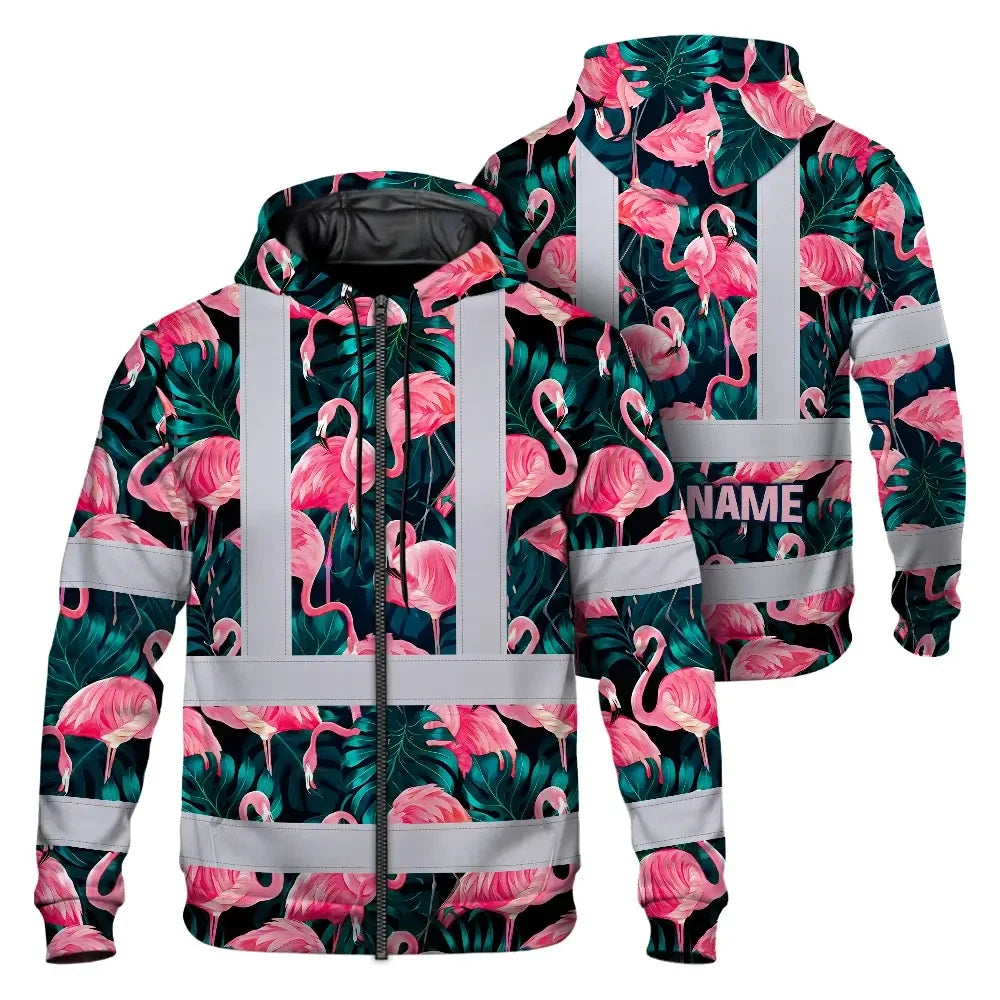 Hi Vis Zip Hoodie Reflective Tapes Hawaii Flamingo Custom Name Safety Workwear For Workers, Truckers, Operators