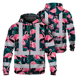 Hi Vis Zip Hoodie Reflective Tapes Hawaii Flamingo Custom Name Safety Workwear For Workers, Truckers, Operators