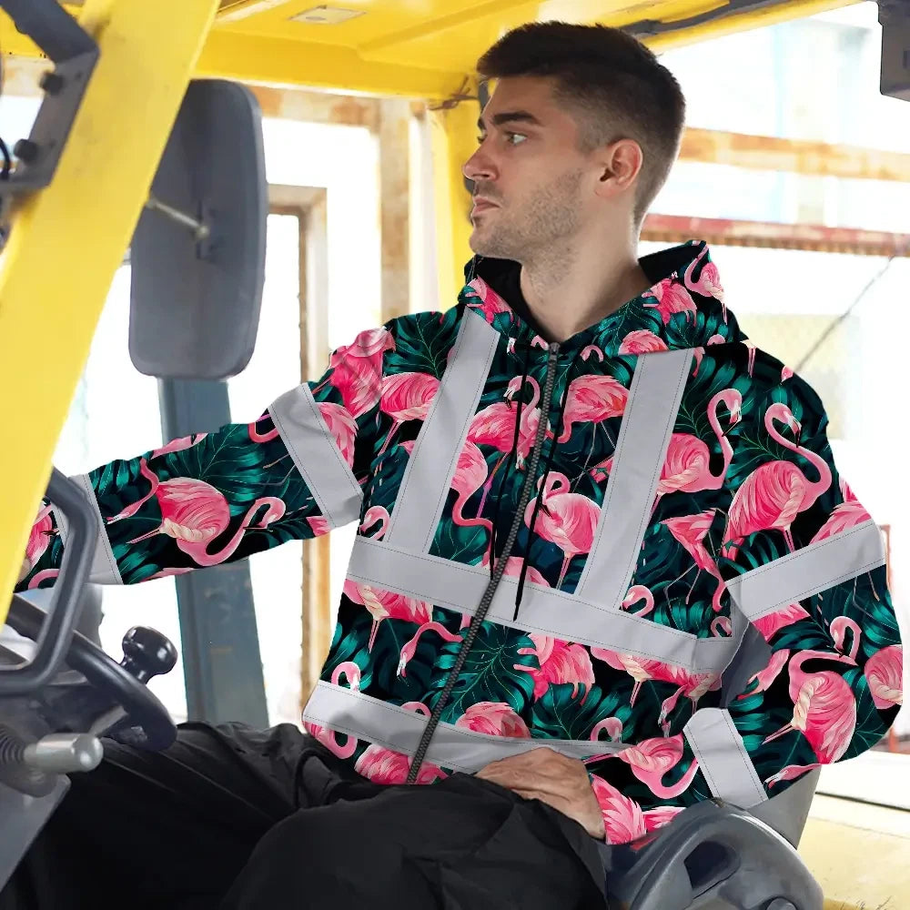 Hi Vis Zip Hoodie Reflective Tapes Hawaii Flamingo Custom Name Safety Workwear For Workers, Truckers, Operators