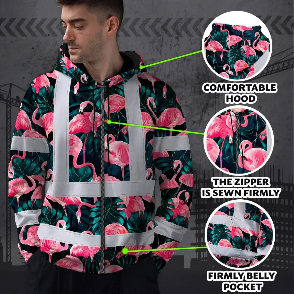 Hi Vis Zip Hoodie Reflective Tapes Hawaii Flamingo Custom Name Safety Workwear For Workers, Truckers, Operators