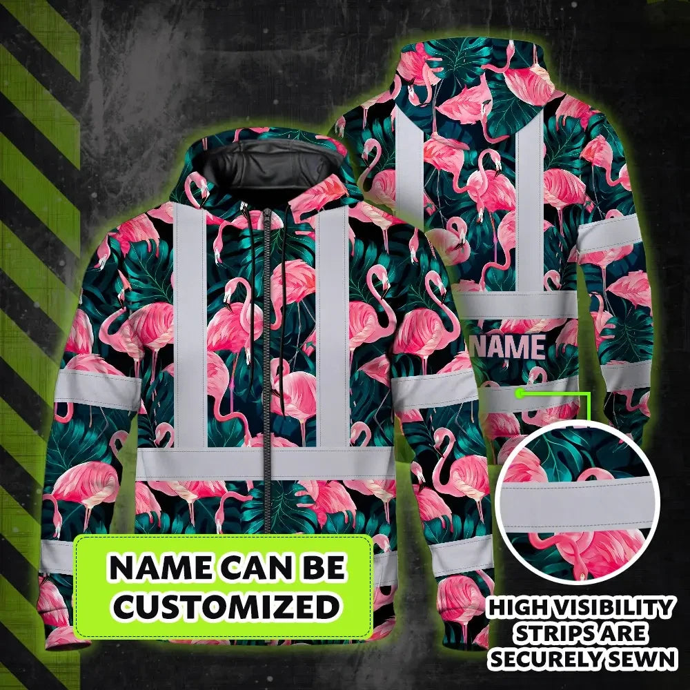 Hi Vis Zip Hoodie Reflective Tapes Hawaii Flamingo Custom Name Safety Workwear For Workers, Truckers, Operators