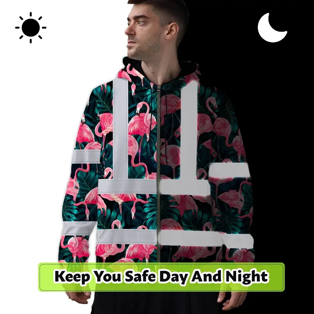 Hi Vis Zip Hoodie Reflective Tapes Hawaii Flamingo Custom Name Safety Workwear For Workers, Truckers, Operators