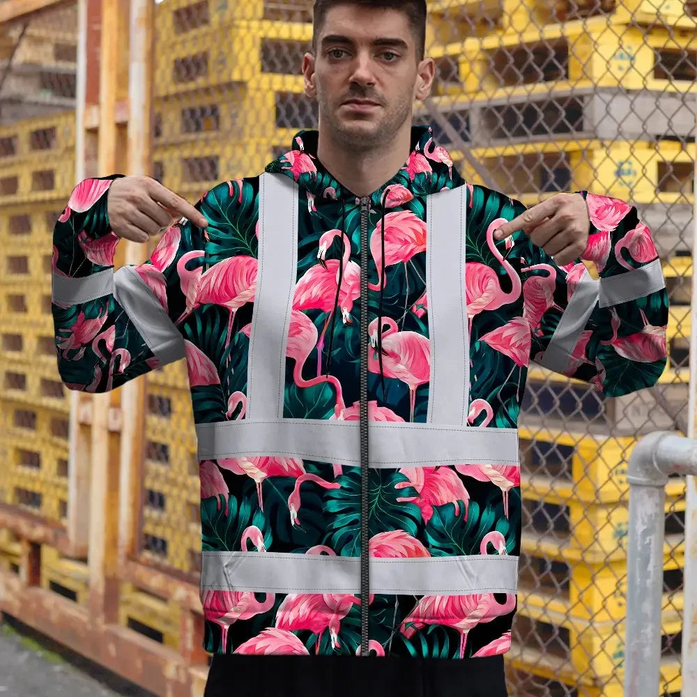 Hi Vis Zip Hoodie Reflective Tapes Hawaii Flamingo Custom Name Safety Workwear For Workers, Truckers, Operators
