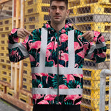 Hi Vis Zip Hoodie Reflective Tapes Hawaii Flamingo Custom Name Safety Workwear For Workers, Truckers, Operators