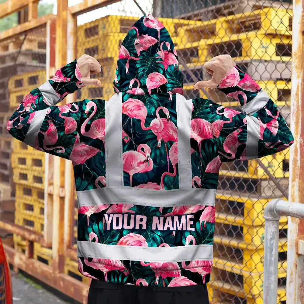 Hi Vis Zip Hoodie Reflective Tapes Hawaii Flamingo Custom Name Safety Workwear For Workers, Truckers, Operators