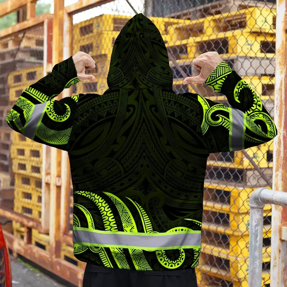Hi Vis Zip Hoodie Reflective Tapes Hawaiian Polynesian Tribal Custom Name