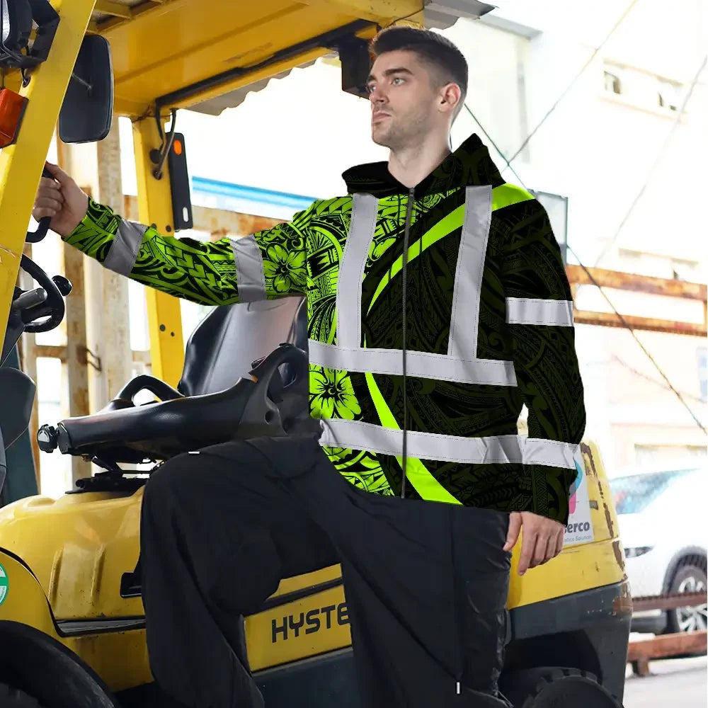 Hi Vis Zip Hoodie Reflective Tapes Hawaiian Polynesian Tribal Custom Name Safety Workwear For Workers, Truckers, Operators