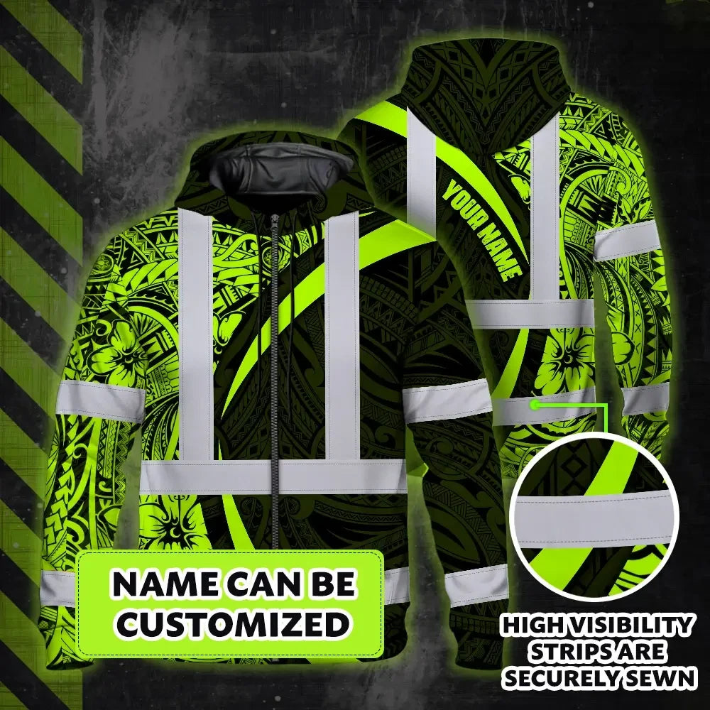 Hi Vis Zip Hoodie Reflective Tapes Hawaiian Polynesian Tribal Custom Name Safety Workwear For Workers, Truckers, Operators