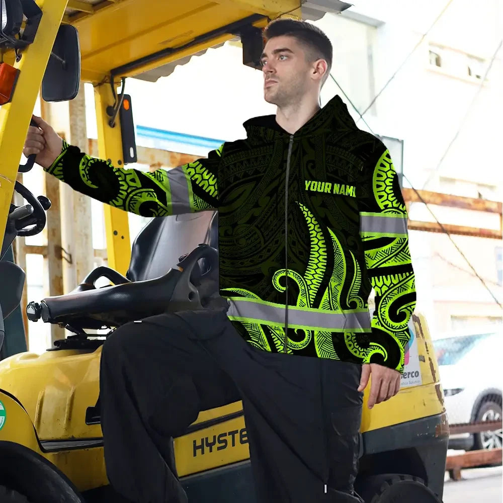 Hi Vis Zip Hoodie Reflective Tapes Hawaiian Polynesian Tribal Custom Name