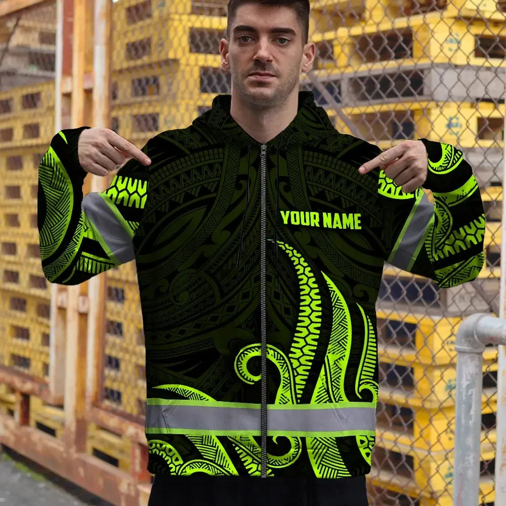 Hi Vis Zip Hoodie Reflective Tapes Hawaiian Polynesian Tribal Custom Name