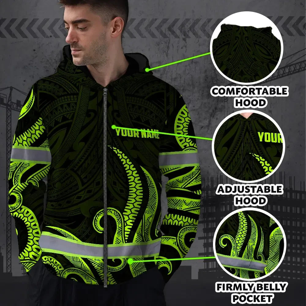 Hi Vis Zip Hoodie Reflective Tapes Hawaiian Polynesian Tribal Custom Name