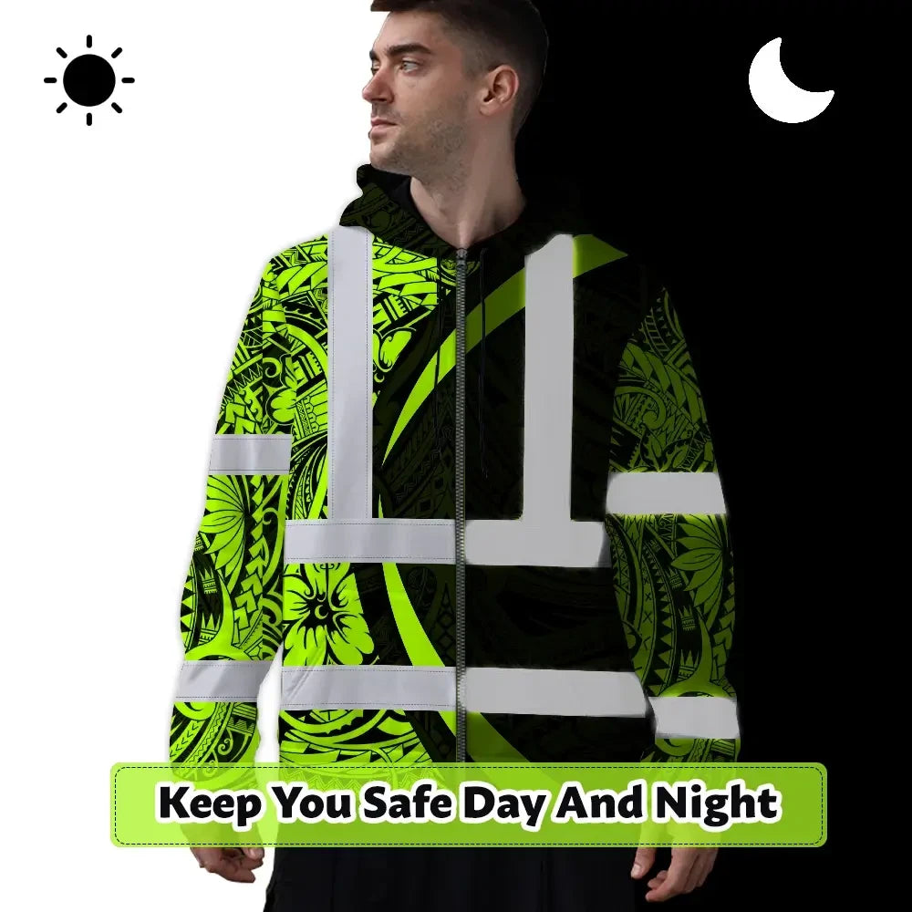 Hi Vis Zip Hoodie Reflective Tapes Hawaiian Polynesian Tribal Custom Name Safety Workwear For Workers, Truckers, Operators