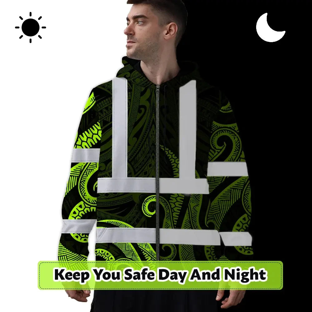 Hi Vis Zip Hoodie Reflective Tapes Hawaiian Polynesian Tribal Custom Name Safety Workwear For Workers, Truckers, Operators