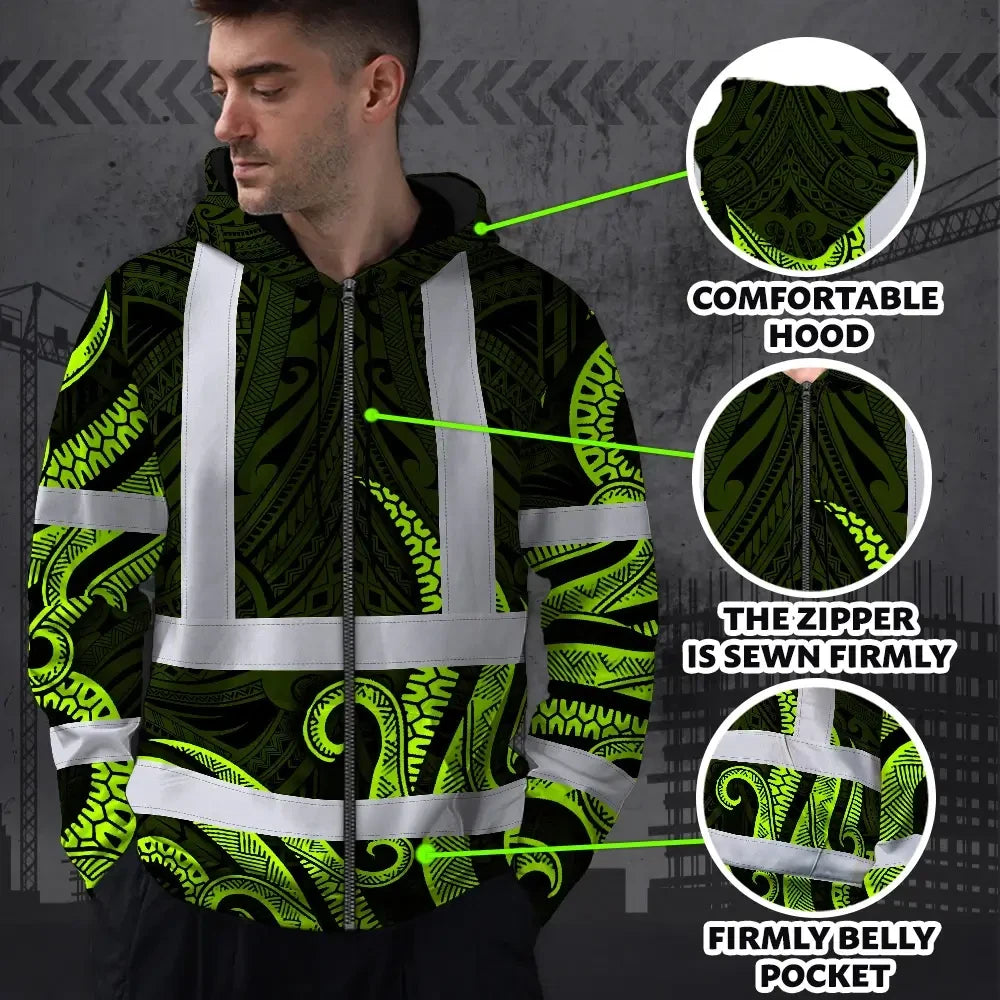 Hi Vis Zip Hoodie Reflective Tapes Hawaiian Polynesian Tribal Custom Name Safety Workwear For Workers, Truckers, Operators