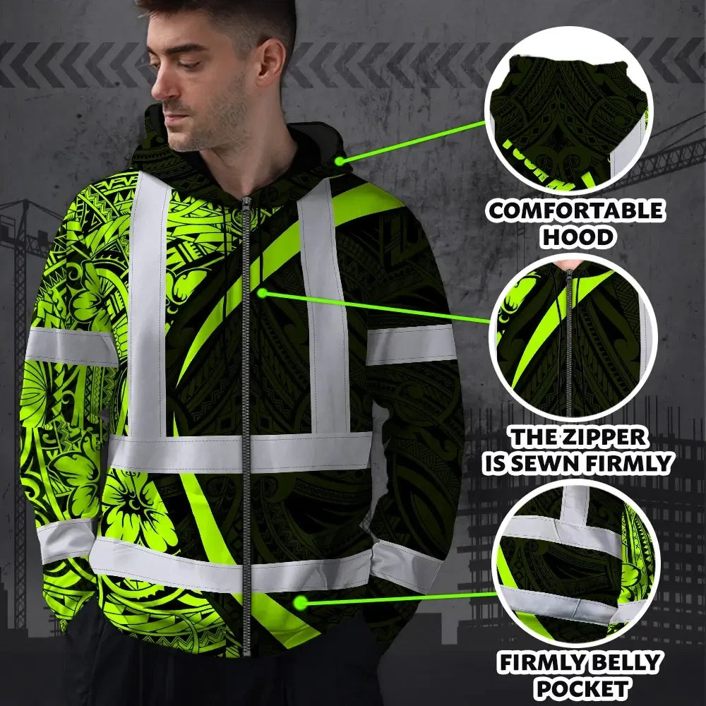 Hi Vis Zip Hoodie Reflective Tapes Hawaiian Polynesian Tribal Custom Name Safety Workwear For Workers, Truckers, Operators