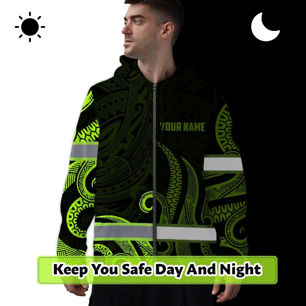 Hi Vis Zip Hoodie Reflective Tapes Hawaiian Polynesian Tribal Custom Name
