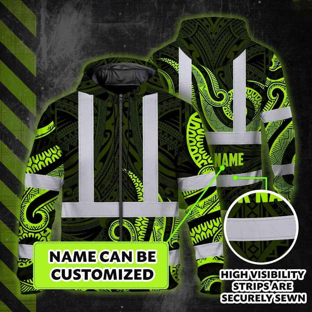 Hi Vis Zip Hoodie Reflective Tapes Hawaiian Polynesian Tribal Custom Name Safety Workwear For Workers, Truckers, Operators