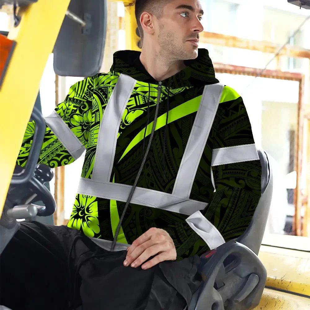 Hi Vis Zip Hoodie Reflective Tapes Hawaiian Polynesian Tribal Custom Name Safety Workwear For Workers, Truckers, Operators