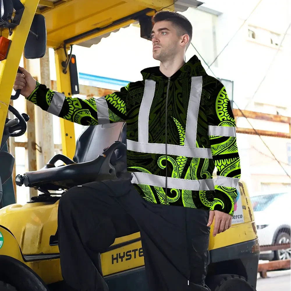 Hi Vis Zip Hoodie Reflective Tapes Hawaiian Polynesian Tribal Custom Name Safety Workwear For Workers, Truckers, Operators